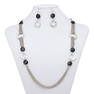 Necklace and earring set, glass / imitation rhodium-plated steel / brass / "pewter" (zinc-based alloy), black, round go-go, 36-inch necklace with lobster claw clasp, 2-1/4 inch earrings with fishhook ear wire. Sold per set.