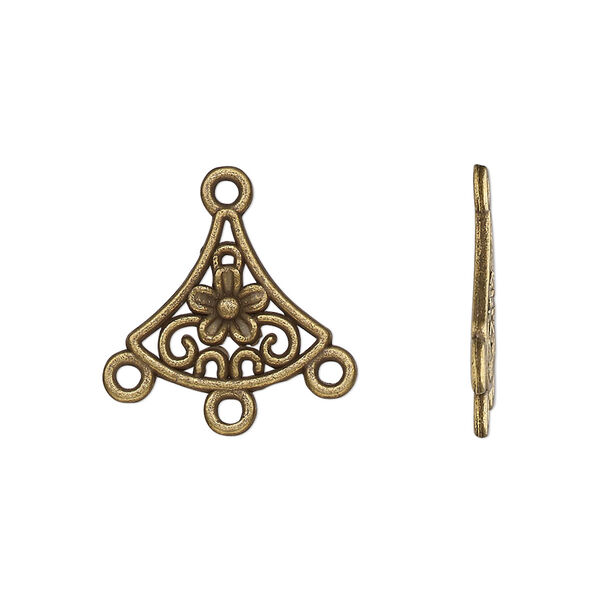 Drop, antique brass-finished "pewter" (zinc-based alloy), 15x14mm single-sided fan with flower and 3 closed loops. Sold per pkg of 20. image number 0