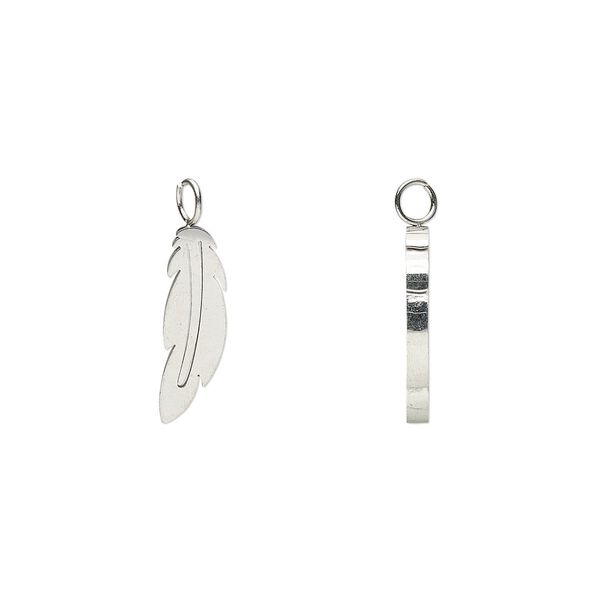 Charm, stainless steel, 12x4mm double-sided feather. Sold per pkg of 2. image number 0