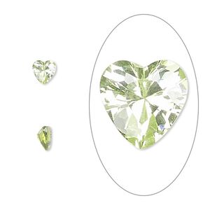Gem, cubic zirconia, peridot green, 5mm faceted heart, Mohs hardness 8-1/2. Sold per pkg of 2.