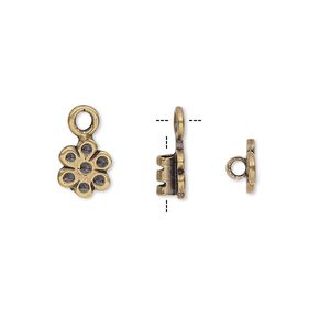 Crimp end, antiqued brass, 8x7mm flower with loop, 2mm inside diameter. Sold per pkg of 2.