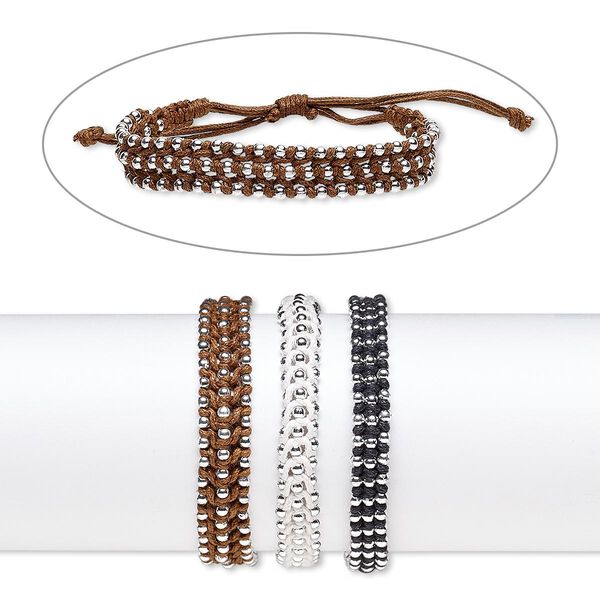 Bracelet mix, waxed cotton cord and silver-coated plastic, mixed colors, 9-13mm wide, adjustable from 6-10 inches with knot closure. Sold per pkg of 3. image number 0