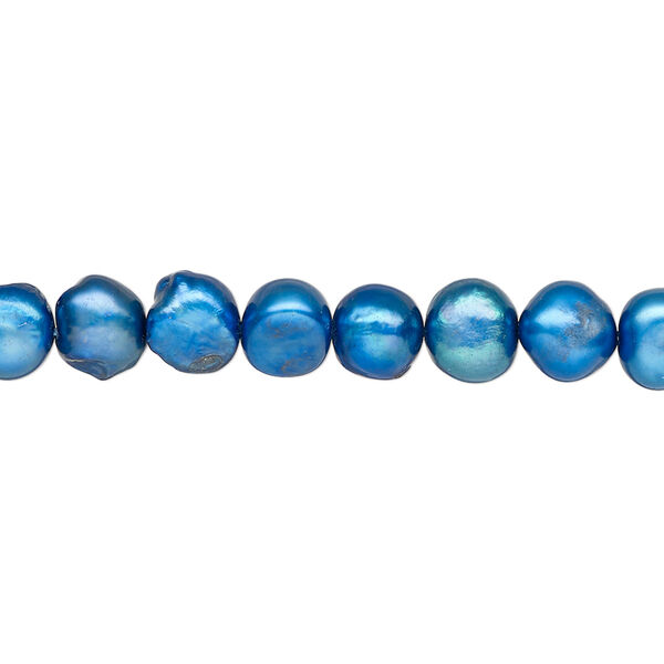 Pearl, cultured freshwater (dyed), blue, 7-8mm flat-sided potato, D grade, Mohs hardness 2-1/2 to 4. Sold per 15-inch strand. image number 0