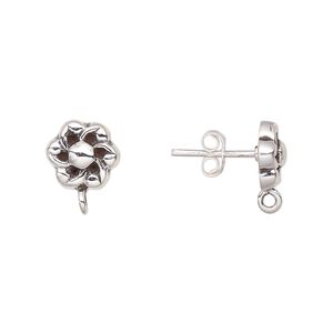 Earstud 1pkg2 sterling silver, 10mm flower / closed loop / earnuts, antiqued 1 pair