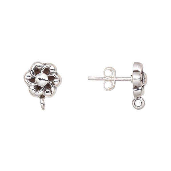 Earstud 1pkg2 sterling silver, 10mm flower / closed loop / earnuts, antiqued 1 pair image number 0