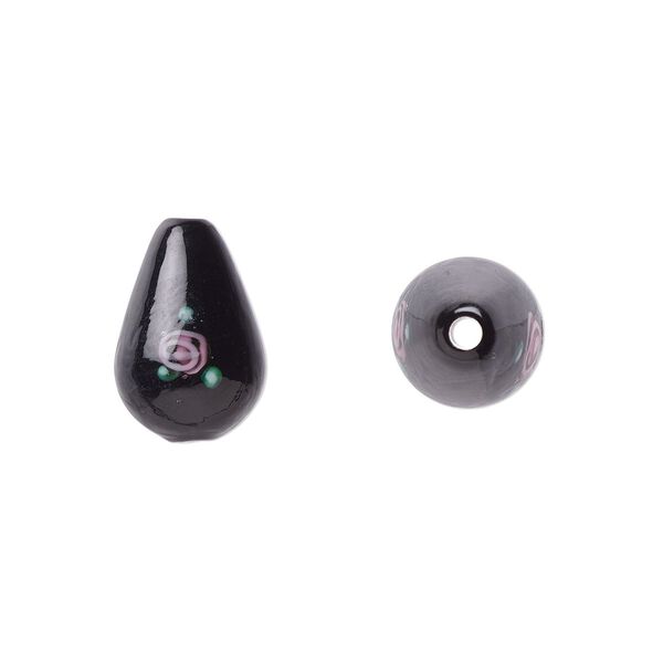 Bead, Czech lampworked glass, opaque black / pink / green, 12x8mm-13x9mm teardrop with flower design. Sold per pkg of 4. image number 0