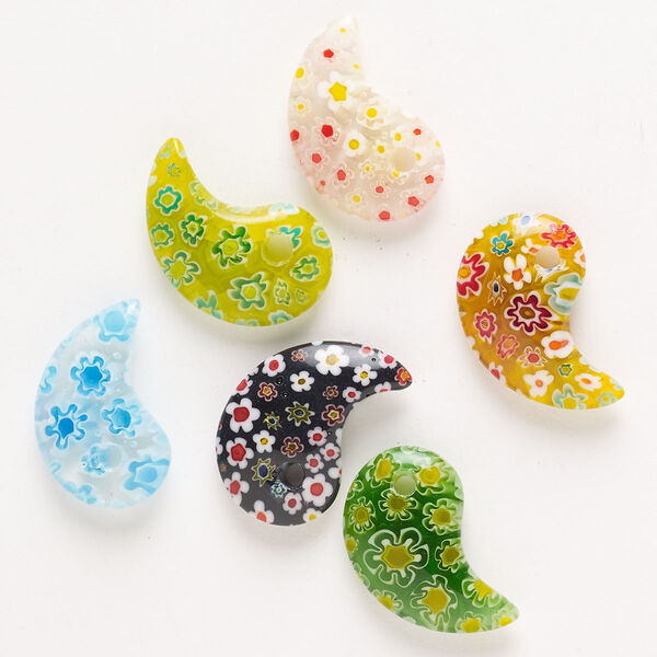 Drop, millefiori glass, pkg/6, opaque and translucent multicolored, 22x14mm-26x17mm top-drilled paisley. image number 0