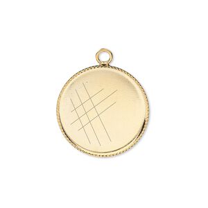 Drop, gold-plated brass, 19mm round with beaded edge and 18mm round bezel setting. Sold per pkg of 6.
