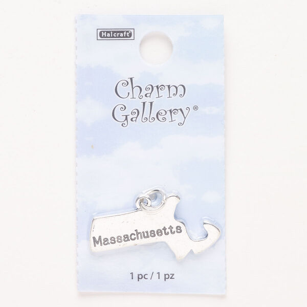 Charm, steel and enamel, pkg/1, silver finish and black, 31x16mm with "Massachusetts." image number 0
