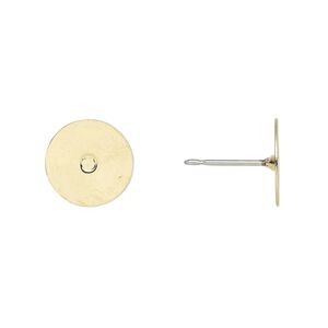 Earstud 1pkg100 gold-plated, 10mm flat pad, stainless steel 50 pair