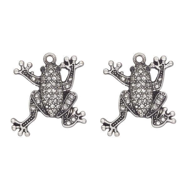 Charm, antique silver-finished "pewter" (zinc-based alloy) and glass, clear, 24x23mm single-sided frog. Sold per pkg of 2. image number 0
