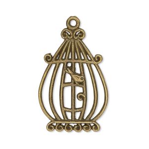 Focal, antiqued brass-finished "pewter" (zinc-based alloy), 31x21mm single-side bird in cage. Sold per pkg of 4.