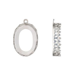 Drop, sterling silver, 19x14.5mm oval with decorative trim and open back with 18x13mm oval cabochon bezel setting. Sold individually.