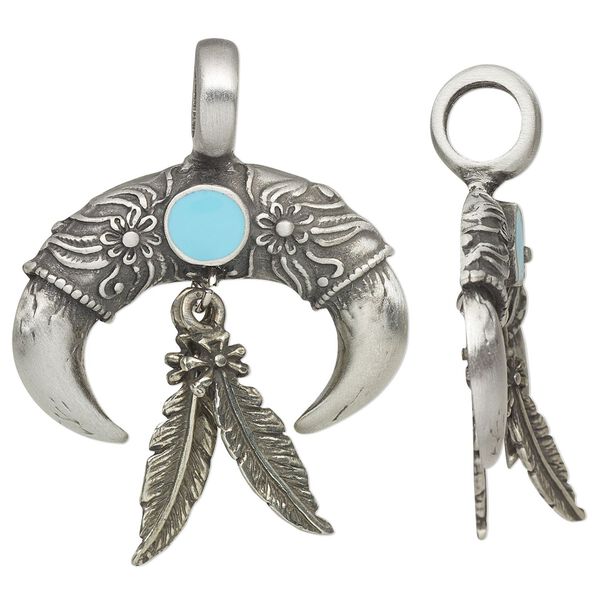 Pendant, antiqued pewter (tin-based alloy) and "turquoise" (resin) (imitation), blue, 49x36mm single-sided dual talon with feathers and 6.5mm hole. Sold individually. image number 0