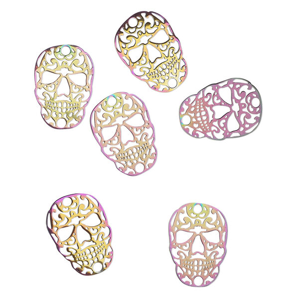 Link, electro-coated stainless steel, rainbow, 20x14mm double-sided sugar skull. Sold per pkg of 6. image number 0