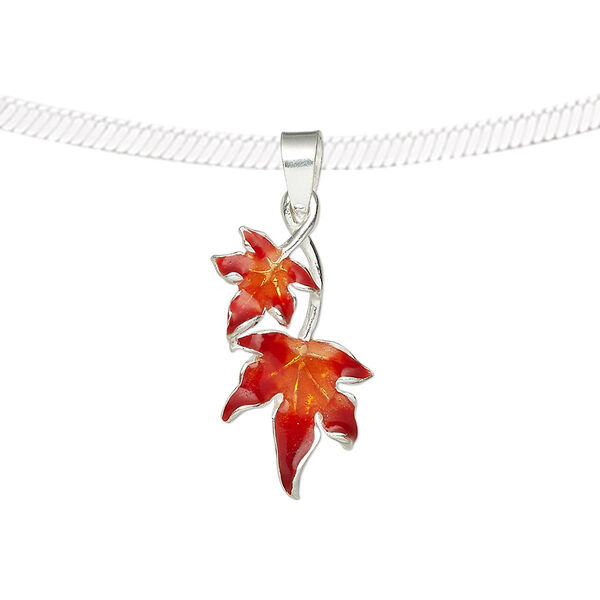 Pendant, sterling silver and enamel, red and orange, 24x12mm single-sided maple leaves. Sold individually. image number 0