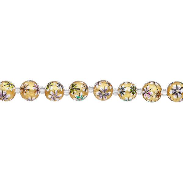 Bead, glass 1pkg8, multicolored, 14mm round with hand-painted flower. image number 1