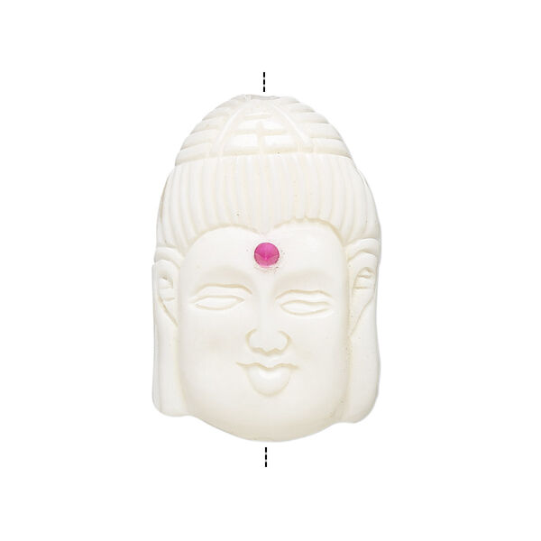 Bead, bone (dyed / coated) and glass, white and red, 28x18mm hand-carved vertically-drilled single-sided Kwan Yin, Mohs hardness 2-1/2. Sold individually. image number 0