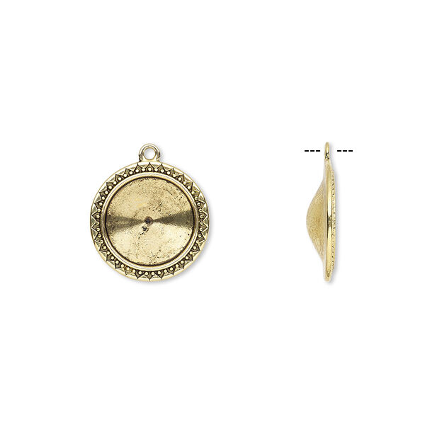 Drop, Almost Instant Jewelry®, antique gold-finished "pewter" (zinc-based alloy), 24mm round with triangle and beaded design with 18mm rivoli setting. Sold per pkg of 6. image number 0
