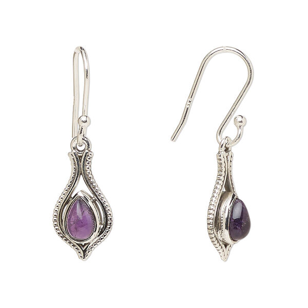 Ear wire, Create Compliments®, antiqued sterling silver and amethyst (natural), fishhook, 29.5mm with 15x9mm single-sided open beaded teardrop, 21 gauge. Sold per pair. image number 0