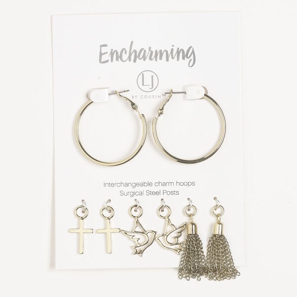 Earring hoop 1pkg8 gold-finished, 35mm round / interchangeable mixed charms, antique brass / steel / stainless steel 20 gauge 1 pair image number 0