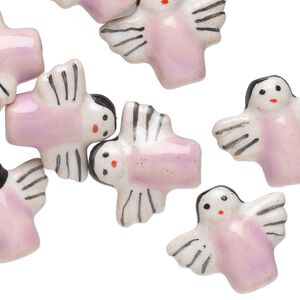 Bead, porcelain, pink / black / white, 18x17mm vertically drilled angel. Sold per pkg of 10.