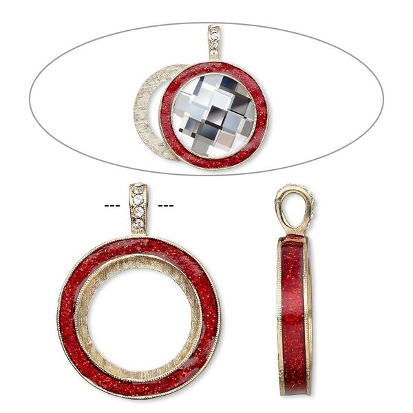 Pendant, Almost Instant Jewelry®, epoxy / crystals / gold-finished "pewter" (zinc-based alloy), light Siam red and crystal clear with glitter, 45x35mm single-sided with 30mm round setting. Sold individually. image number 0