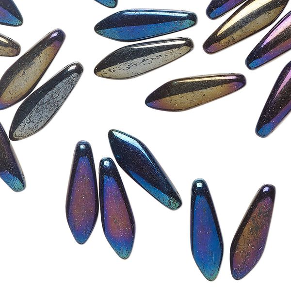 Bead 1pkg50 Czech pressed glass, opaque iris blue, 15.5x5mm top-drilled dagger. image number 0
