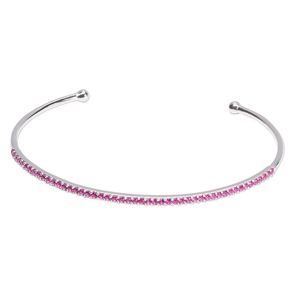 Bracelet, cuff, Create Compliments®, cubic zirconia and rhodium-plated sterling silver, fuchsia, 2mm wide, adjustable from 6-1/2 to 7 inches. Sold individually. image number 0