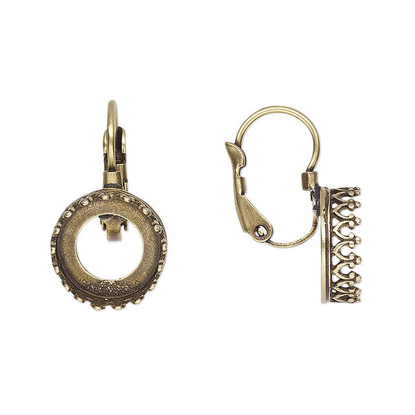 Ear wire, JBB Findings, antique brass-plated brass, 21mm leverback with open back and SS47 rivoli bezel setting. Sold per pair. image number 0