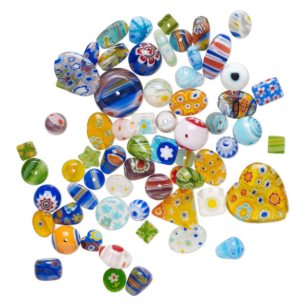 Bead mix, millefiori glass, opaque to transparent multicolored, 6-22mm mixed shapes with 0.4-0.6mm hole. Sold per 2-ounce pkg, approximately 60-65 beads. image number 0