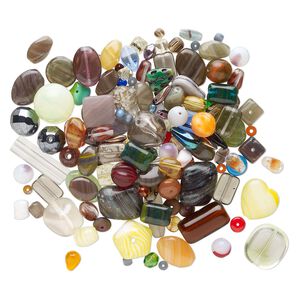 Bead mix, pressed glass, opaque to transparent mixed colors, 3x2mm-30x20mm mixed shapes. Sold per 4-ounce pkg, approximately 140 beads.