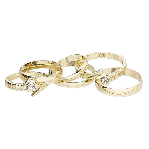 Ring mix, glass rhinestone and gold-finished brass, clear, 3mm / 4mm / 9mm wide, size 5 to 12-1/2. Sold per pkg of 6. image number 0