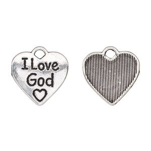 Charm, antique silver finish "pewter" (zinc-based alloy), 17x16mm two-sided heart with "I Love God." Sold per pkg of 2.