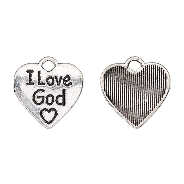 Charm, antique silver finish "pewter" (zinc-based alloy), 17x16mm two-sided heart with "I Love God." Sold per pkg of 2. image number 0