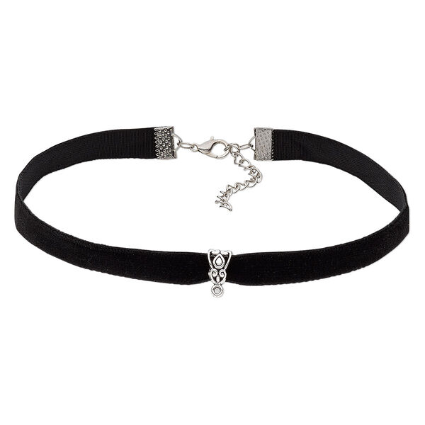 Necklace, choker, velvet and imitation rhodium-finished steel and "pewter" (zinc-based alloy), black, 9mm wide with fancy bail and loop, 12-1/2 inches with 2-inch extender chain and lobster claw clasp. Sold per pkg of 2. image number 0