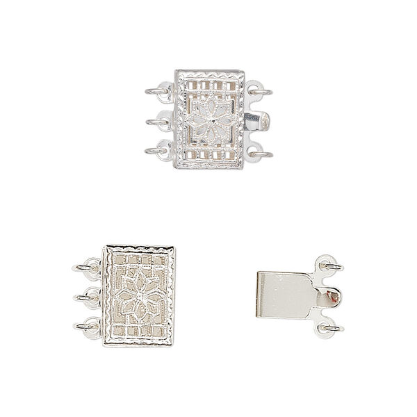 Clasp, 3-strand tab, sterling silver, 10x7mm filigree rectangle. Sold individually. image number 0