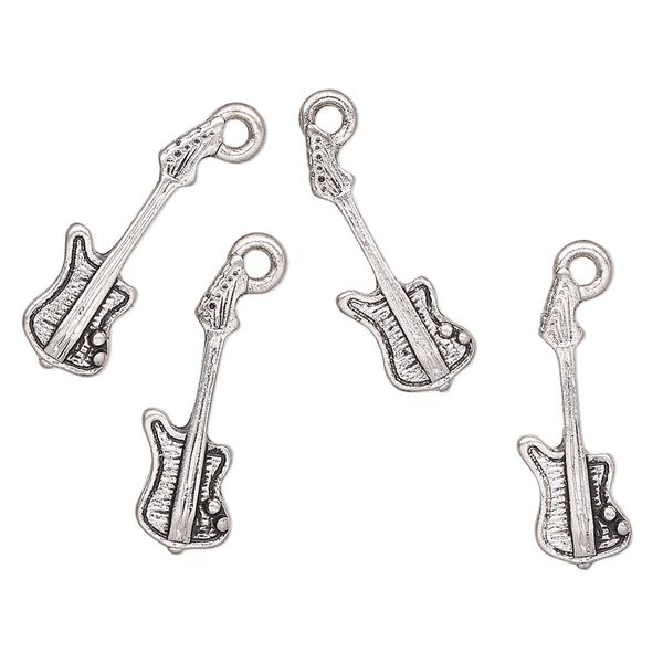 Charm, antique silver-finished "pewter" (zinc-based alloy), 21x8mm guitar. Sold per pkg of 4. image number 0