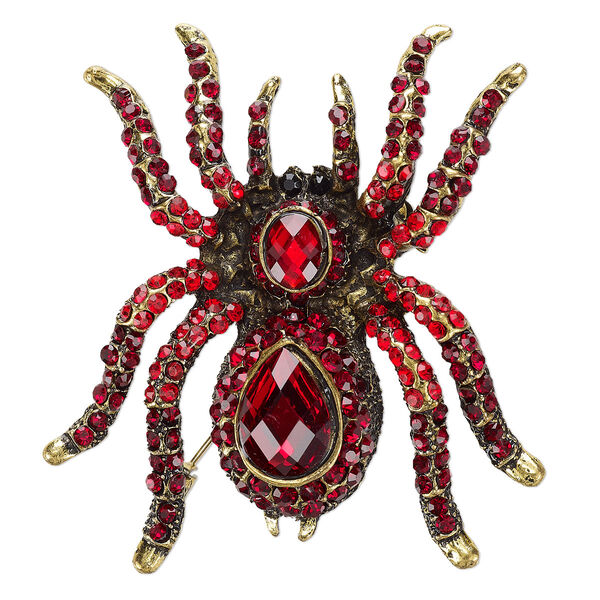 Brooch, glass rhinestone and antique gold-finished "pewter" (zinc-based alloy), red / dark red / black, 60x55mm spider. Sold individually. image number 0