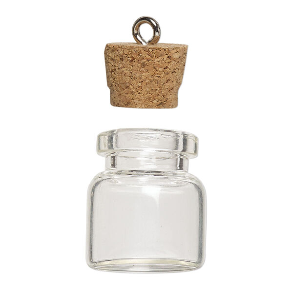 Component, glass / cork / nickel-finished steel, clear, 20x19mm bottle with stopper and screw eye. Sold per pkg of 100. image number 2