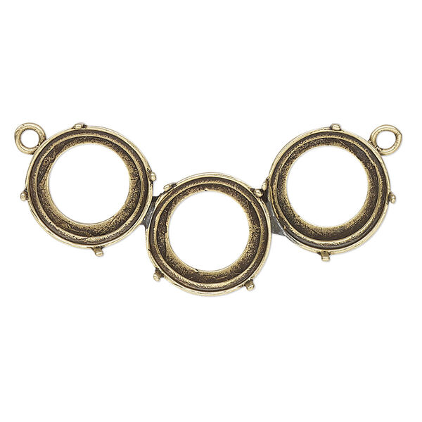 Link, JBB Findings, antique brass-plated brass, 35x15.5mm with open back and (3) SS47 4-prong rivoli settings. Sold individually. image number 0