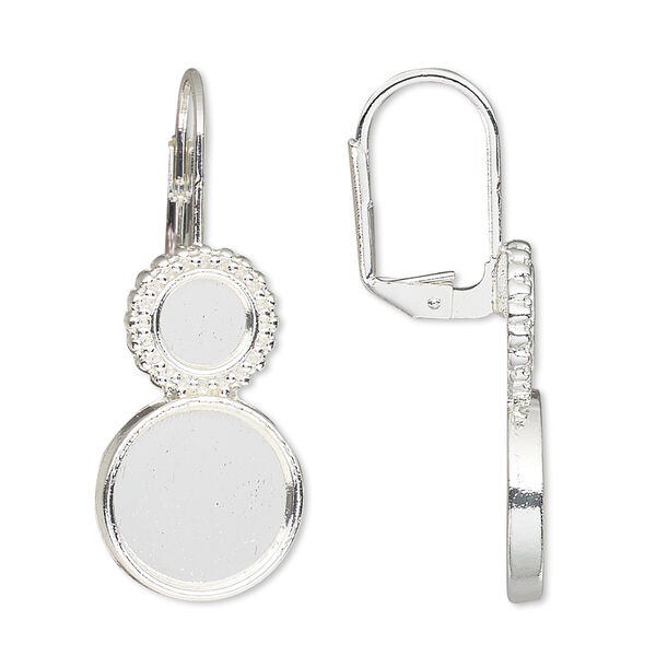 Ear wire, Almost Instant Jewelry®, silver-finished brass, 37mm leverback with 6mm and 12mm round setting, Sold per pkg of 5 pairs. image number 0