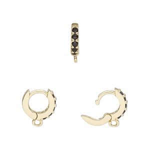 Hoop, gold-finished brass and glass, black, 11mm hoop, 18 gauge. Sold per pair.