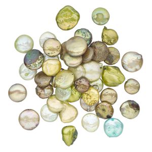 Pearl, cultured freshwater pearl (dyed), mixed colors, 12x11mm-28x16mm flat round, Mohs hardness 2-1/2 to 4. Sold per 2-ounce pkg, approximately 42 beads.
