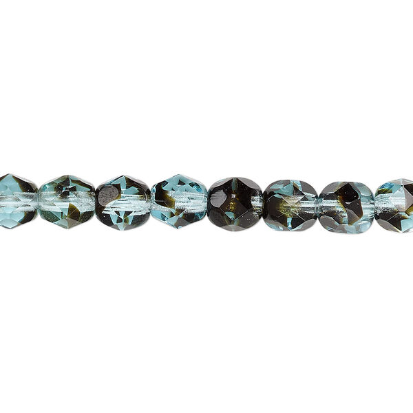 Bead, Czech fire-polished glass, black and turquoise blue, 6mm faceted round. Sold per 15-1/2" to 16" strand, approximately 65 beads. image number 0