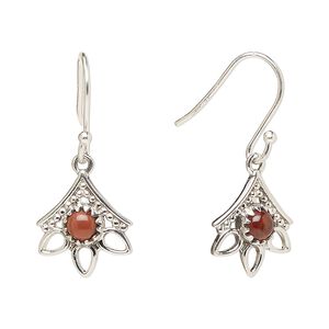 Earring, Create Compliments®, antiqued sterling silver and garnet (natural), fishhook, 28mm with 14x12.5mm single-sided beaded open 3-teardrop, 21 gauge. Sold per pair.