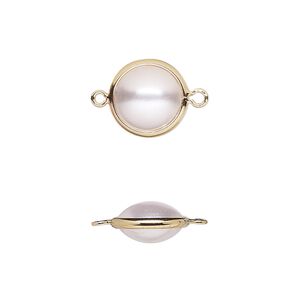 Link, acrylic pearl and gold-finished brass, cream, 11.5mm double-sided round. Sold per pkg of 10.