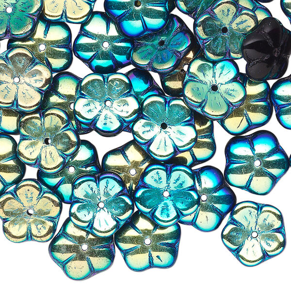 Bead cap, Czech pressed glass, jet AB, 10x3mm flower, fits 8-10mm bead. Sold per pkg of 50. image number 0