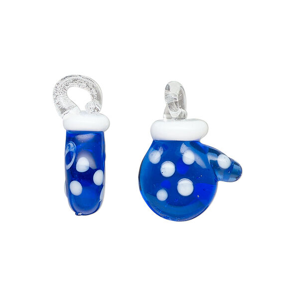 Drop, lampworked glass, translucent blue / white / clear, 15x14mm-17x15mm mitten. Sold per pkg of 2. image number 0