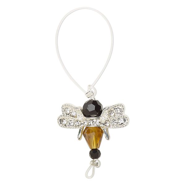 Bead, glass / glass rhinestone / silver-finished "pewter" (zinc-based alloy), clear / amber yellow / black, 21x17mm bee. Sold per pkg of 2. image number 0